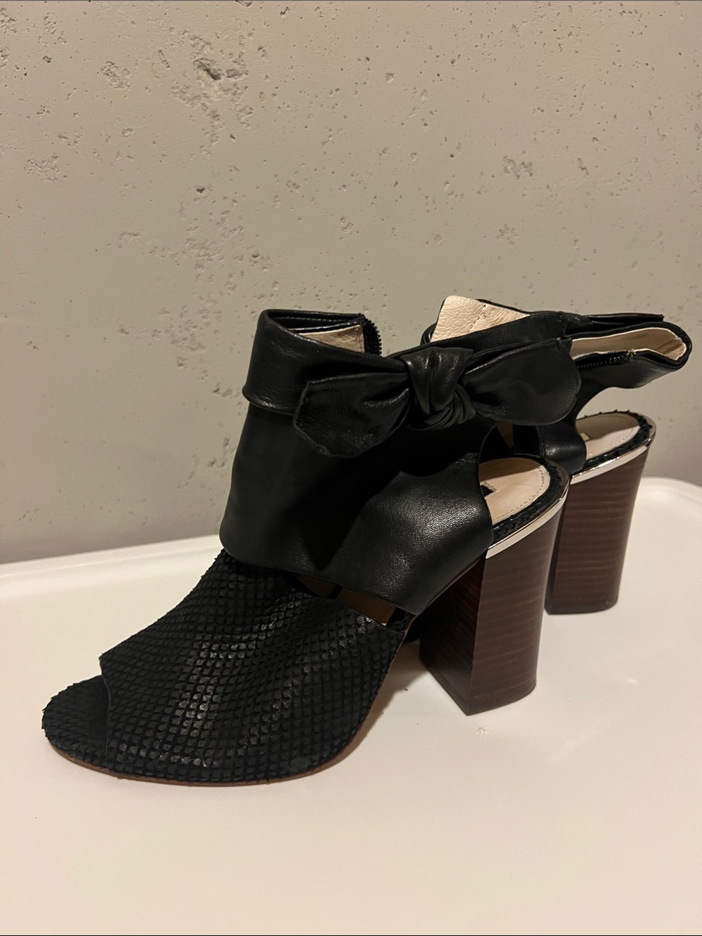 Louise et Cie Black Peep-Toe Block Heels with Bow Strap